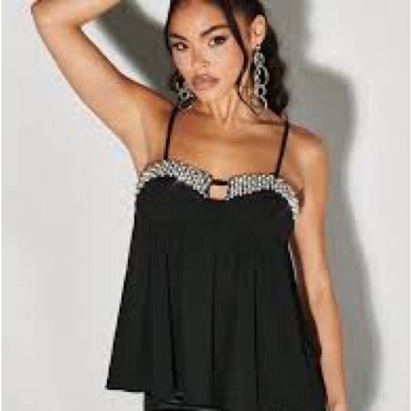 Zara Tops - Zara Women’s Black Rhinestone Poplin Spaghetti-Strap Medium